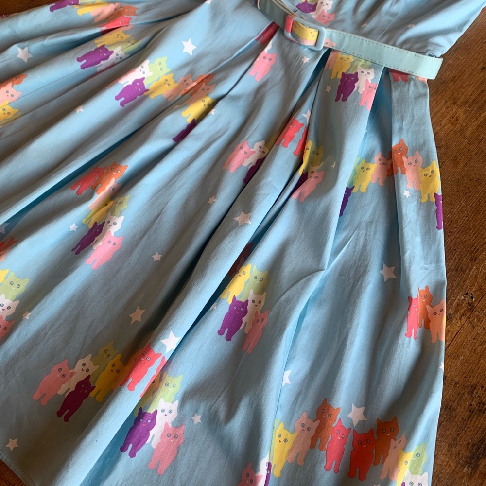 Light Blue Cat Print Fit-and-Flare Dress - Picture 13 of 16